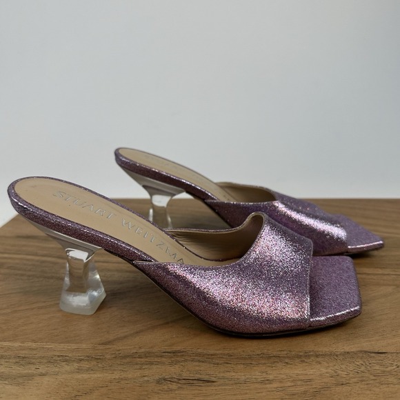 New Womens‎ Stuart Weitzman Tia Glitter PVC Purple Sandals Mules Heels Size 5 B - Picture 1 of 8